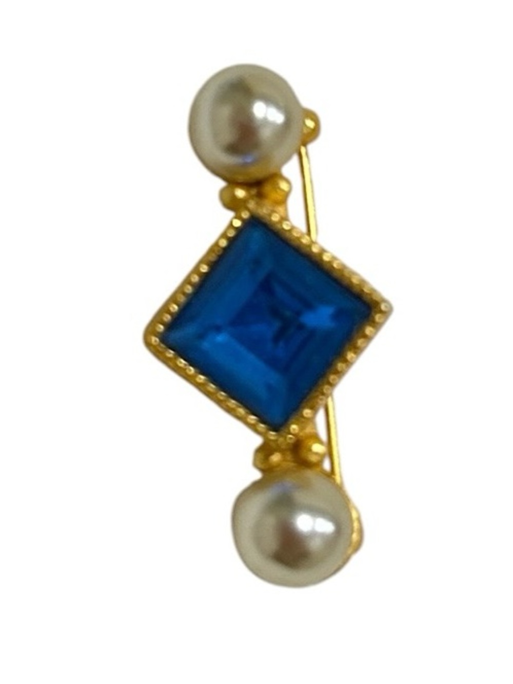 MMA Gold-Tone Brooch Blue faceted Crystal and Pearl Accents 1 inch marked